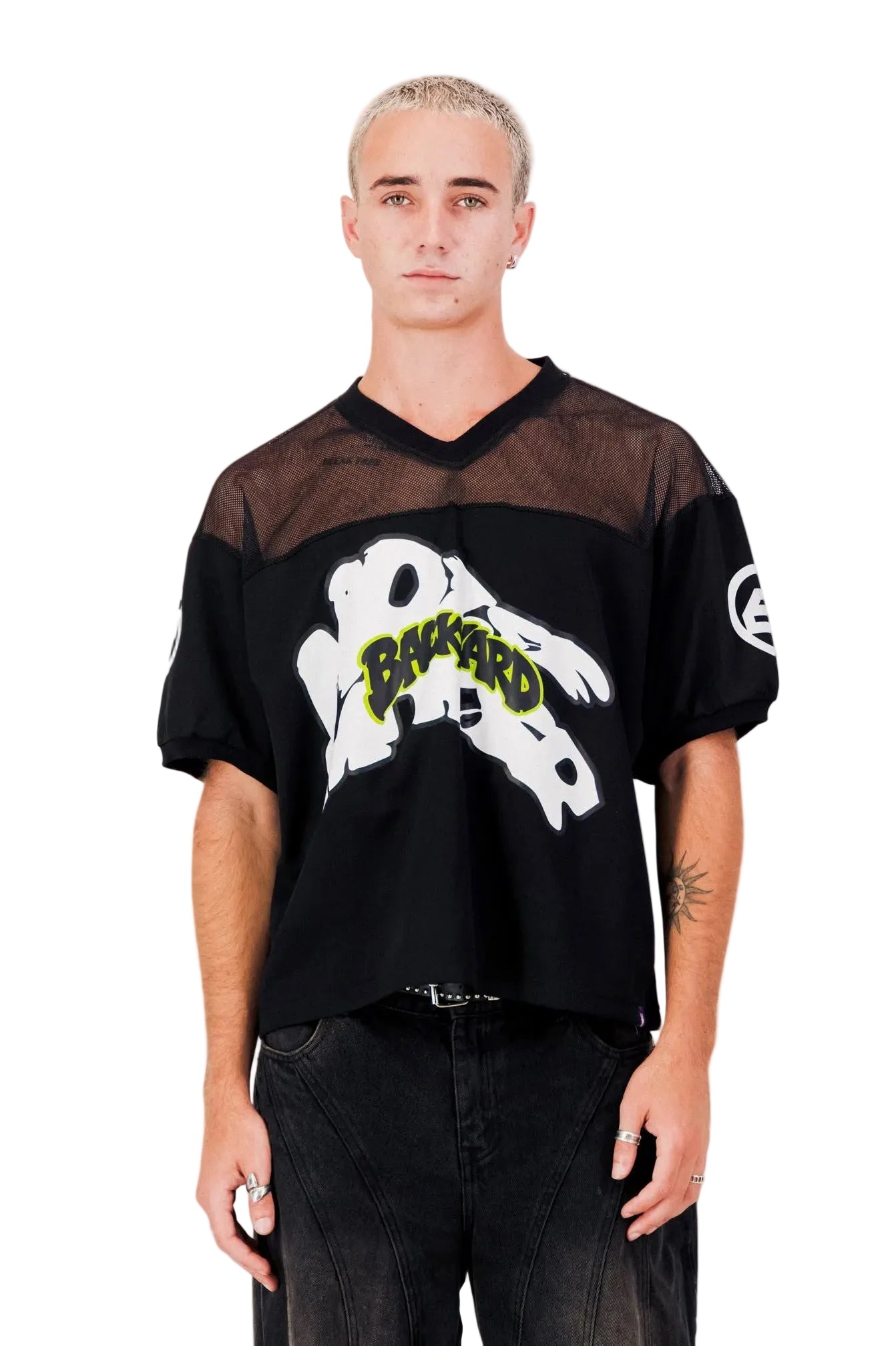 Person wearing a black sports jersey with a ghost graphic and 'BACYARD' text on a white background